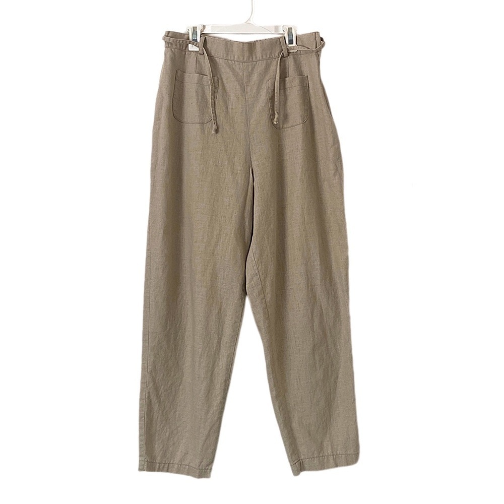 Vintage 90’s Linen Blend Women’s Tan Drawstring Trouser Pants Side Zip 12